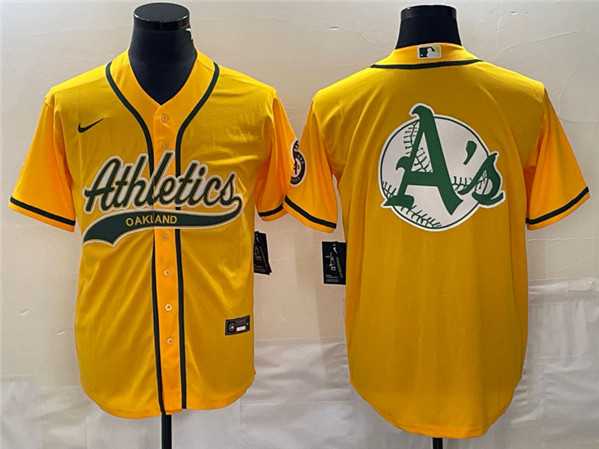 Mens Oakland Athletics Yellow Team Big Logo Cool Base Stitched Baseball Jersey 001